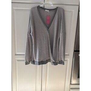 Luckymore Grey Waffle Knit Wrap V-Neck Long Sleeve Top XXL New